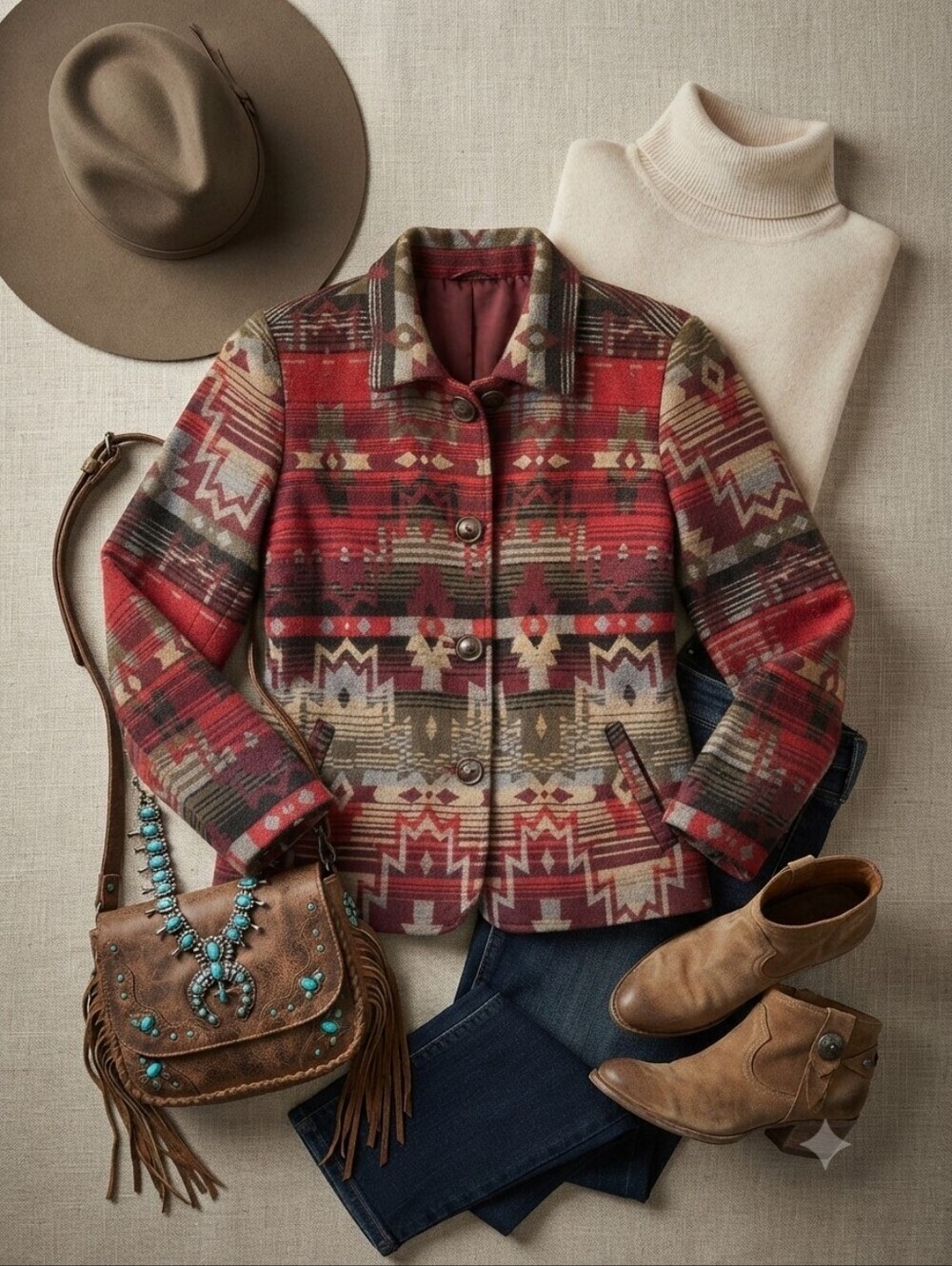 Coldwater Creek Red Tan Southwestern Aztec Print Wool-like Blazer Jacket